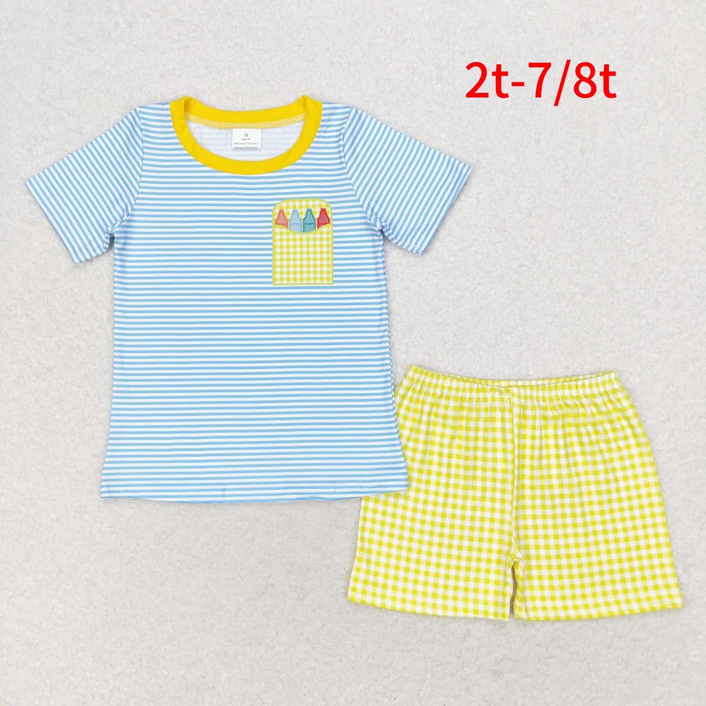 BSSO0983 Back To School Pastel blue striped short-sleeved yellow plaid shorts suit