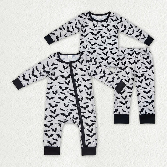 Baby Boys Halloween Grey Bats Bamboo Sibling Rompers Pajamas Clothes Sets