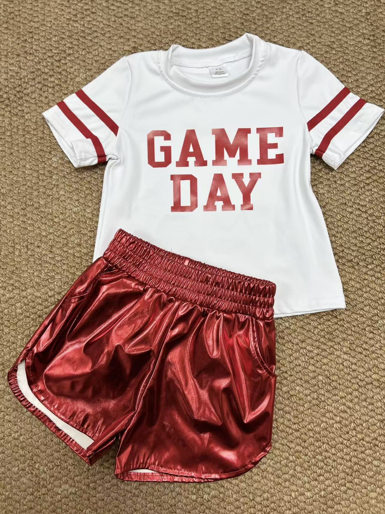 GT1102+SS0415 Baby Girls Vinyl Red Game Day Top Leather Shorts Team Active Set C8.23