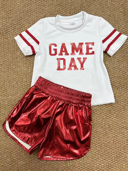 GT1102+SS0415 Baby Girls Vinyl Red Game Day Top Leather Shorts Team Active Set C8.23