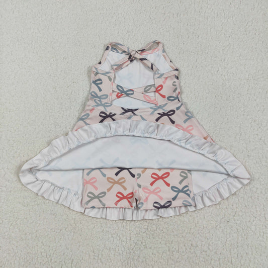 GSD2296 Baby Girls Peach Strap Colorful Bows Yoga Ruffle Knee Length Dress 5.14