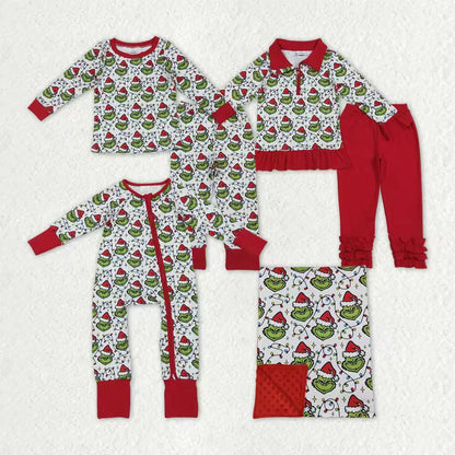 Sibling Baby Boys Green Faces Lights Christmas Pajamas Sets Zipper Footie Rompers Blankets C10.8