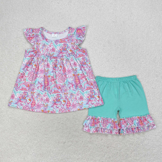 GSSO1356 Flower Dinosaur Flying Sleeve Lake green shorts set