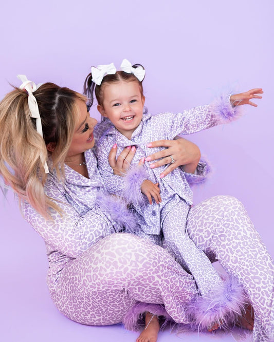 GLP1263 Adult plush border leopard print purple long sleeve pants pajama set