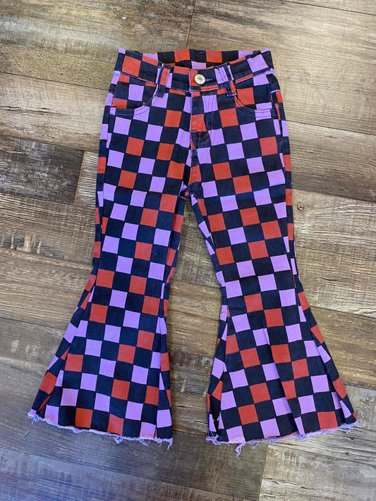 P0471 Baby Girls Halloween Checkered Bell Flare Denim Pants