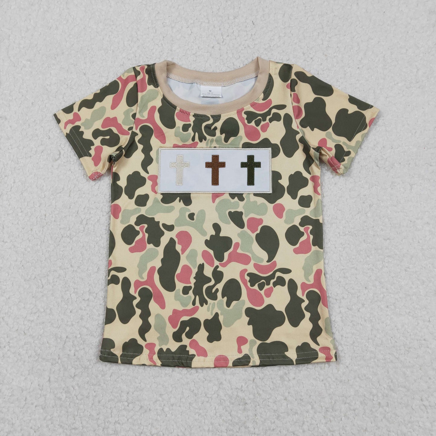 BT1395 Baby Boys Green Red Camo Crosses Short Sleeve Easter Tee Shirts Top C12.16