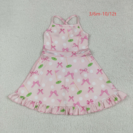 GSD2568 Baby Girls Strap Pink Bows Golf Flags Activity Wear Yoga Knee Length Dress 6.11