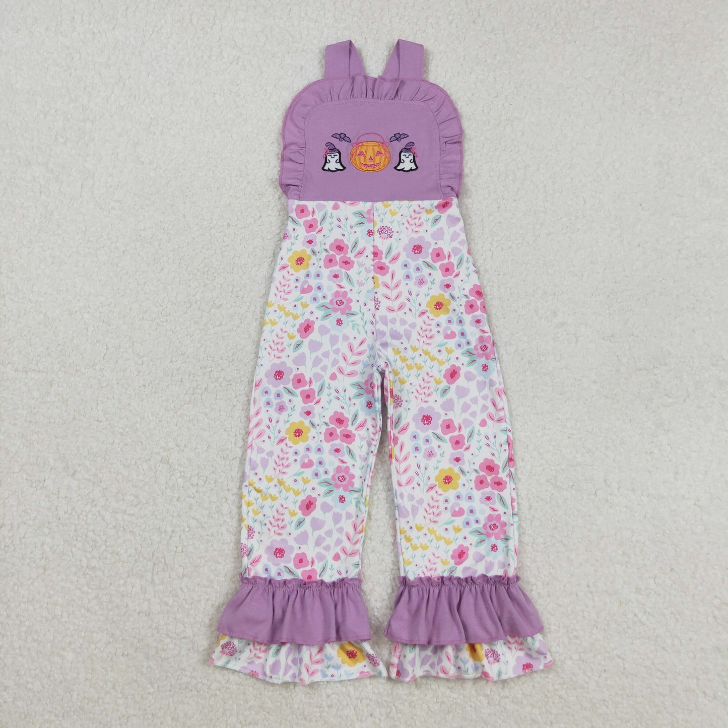 SR3177 Embroidery Baby Girls Lavender Strap Ghost Pumpkins Floral Ruffle Pant Jumpsuit C8.25