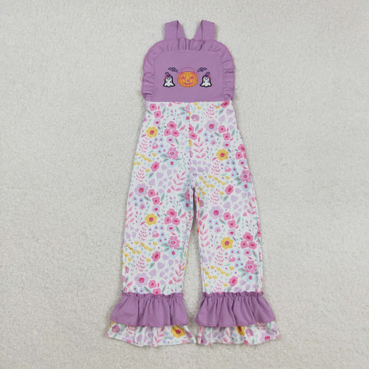 SR3177 Embroidery Baby Girls Lavender Strap Ghost Pumpkins Floral Ruffle Pant Jumpsuit C8.25