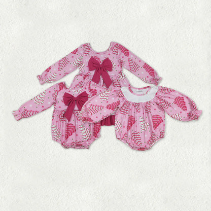 Sibling Baby Girls Pink Stripe Trees Stars Bow Christmas Knee Ruffle Length Dresses Rompers C10.27