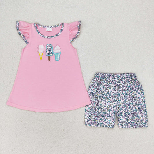 GSSO1193 Embroidered ice cream Flower ice cream Pink flying sleeve shorts set