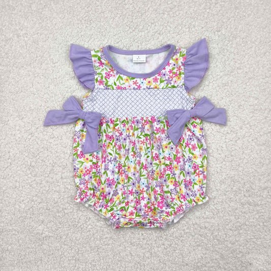 SR2928 Embroidery Baby Infant Girls Lavender Flutter Sleeves Floral Bows Top Ruffle Romper