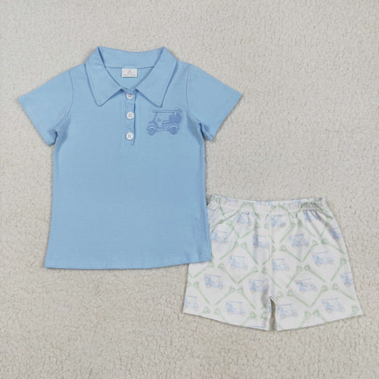 BSSO1494 Baby Boys Blue Short Sleeves Button Golf Top Pocket Short Set 5.8