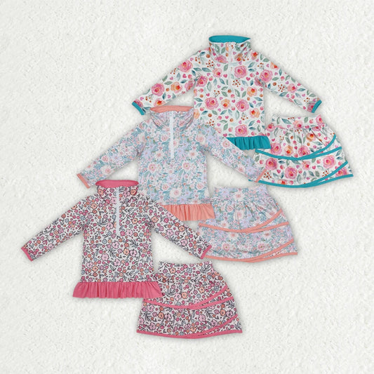 Sibling Baby Girls Flowers Zip Top Skirt Ruffle Skort Bottoms Sets 4.15
