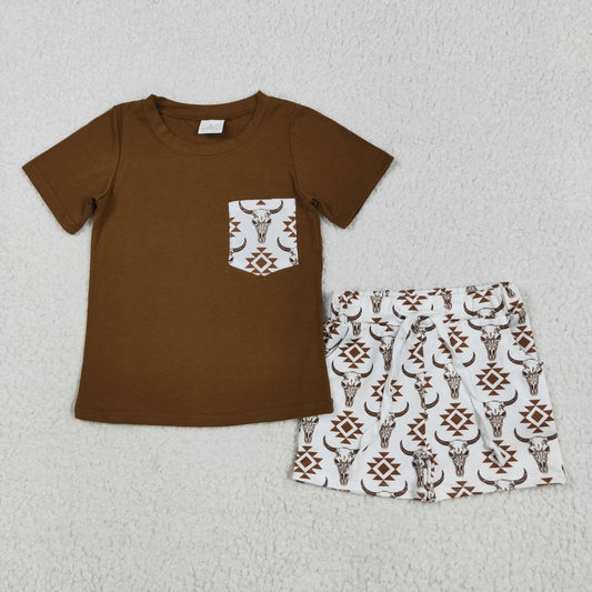 BSSO1319 Baby Boys Brown Pocket Top Aztec Cow Shorts Clothes Set 5.7