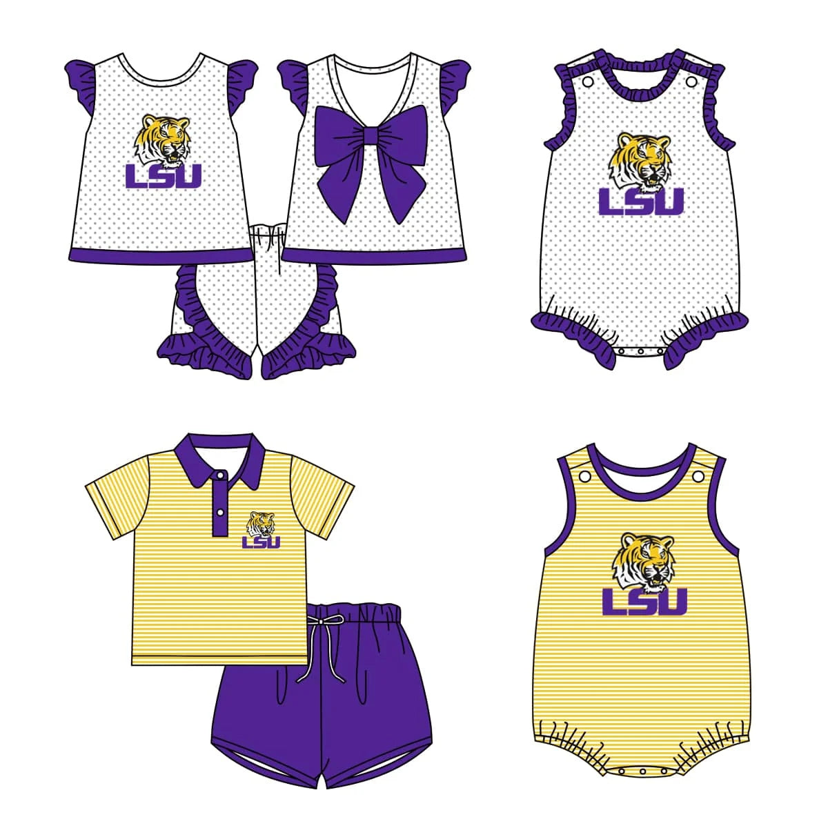 Sibling Boys Baby Girls LSU team Rompers Clothes Sets preorder(moq 3)