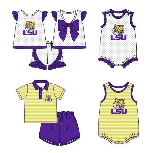 Sibling Boys Baby Girls LSU team Rompers Clothes Sets preorder(moq 3)