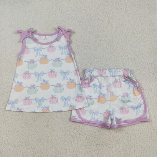 GSSO2668 Baby Girls Bows Sleeveless Pumpkins Stripe Tunic Pockets Short Set 7.24