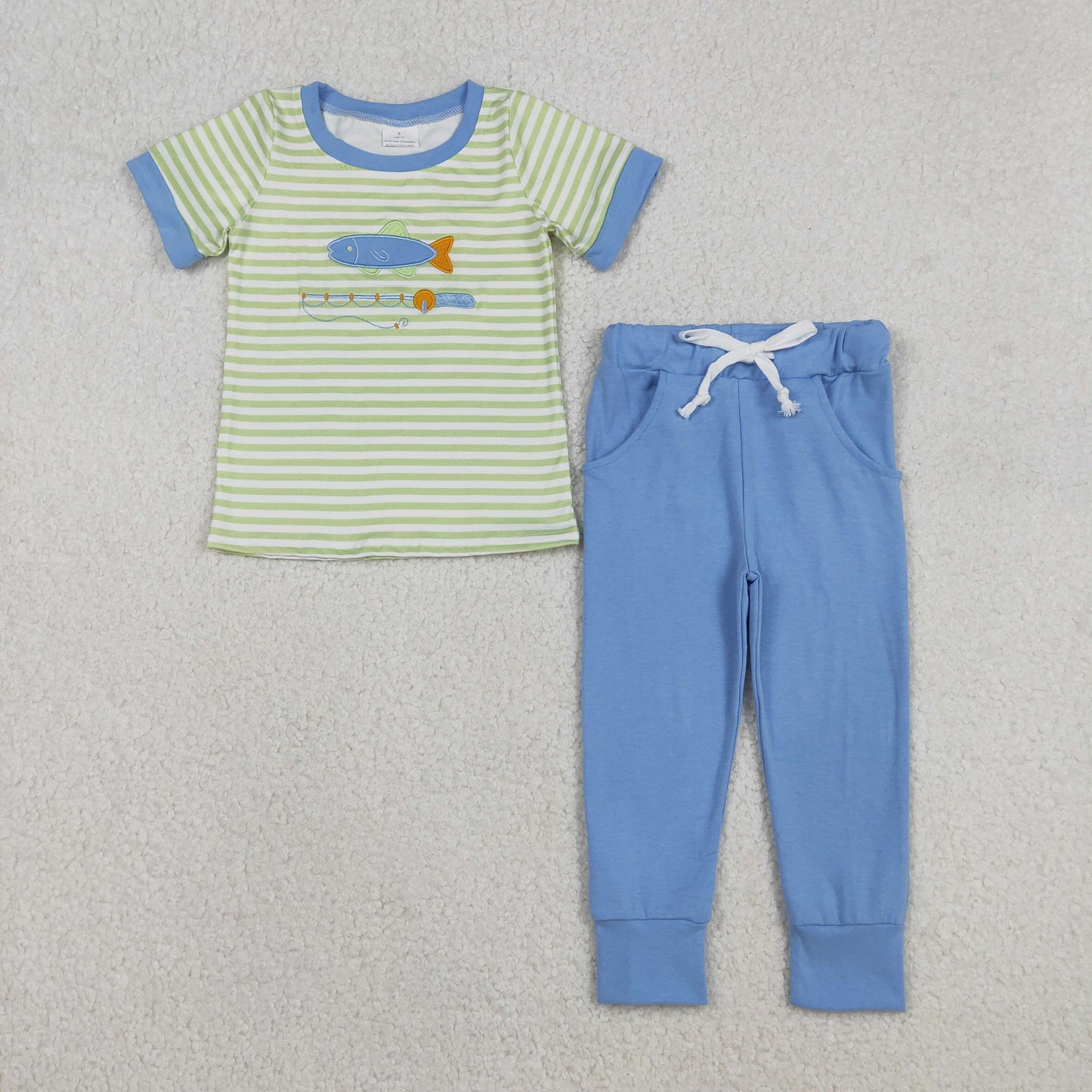BSPO0612 Embroidery Baby Boys Stripe Fishing Top Pockets Leggings Hunting Clothes Set C12.3