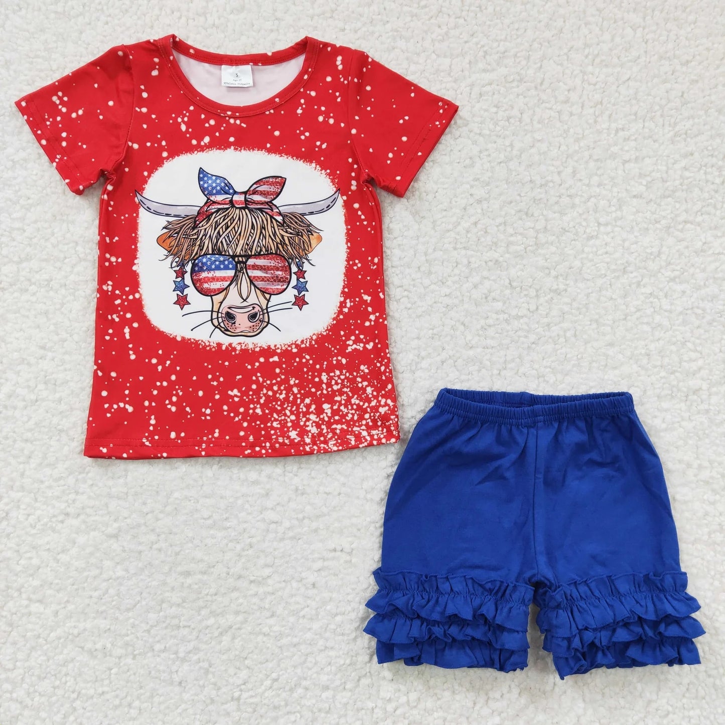 Sibling Baby Girls Western 4th Of July Cow Icing Shorts Clothes Sets 5.27