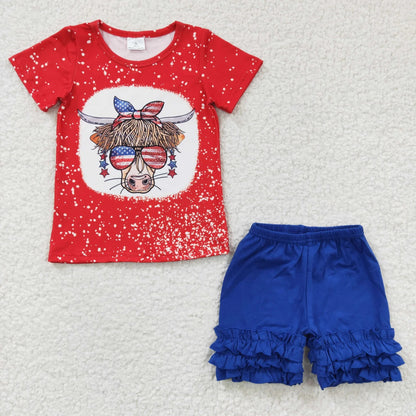Sibling Baby Girls Western 4th Of July Cow Icing Shorts Clothes Sets 5.27