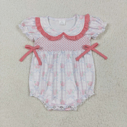 SR2917 Baby Infant Girls Pink Short Ruffle Sleeves Floral Bows Top Romper 4.29