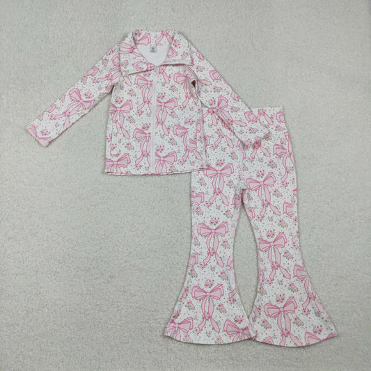 GT1082+P0773 Baby Girls Pink Floral Bows Pockets Zipper Top Bell Bottom Pant Yoga Set C10.27