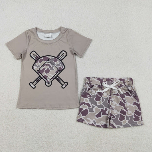 BT1417+SS0733 Baby Boys Lavender Camo Baseball Top Shorts Team Clothes Set C11.15