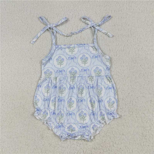 RTS SR3117 Baby Girls Plaid Ruffle Rompers Blue Strap Bows Flowers Design Comfortable Soft Fabric Baby Girl Outfit
