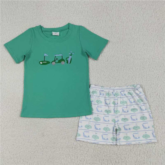 RTS BSSO1540 Baby Boys Summer Clothes Embroidery Baby Boys Green Short Sleeves Golf Truck Top Short Sets
