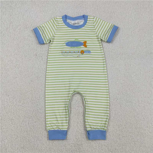 RTS SR3329 Baby Boys Romper Embroidery Fishing Baby Boys Stripe Hunting Footie Rompers