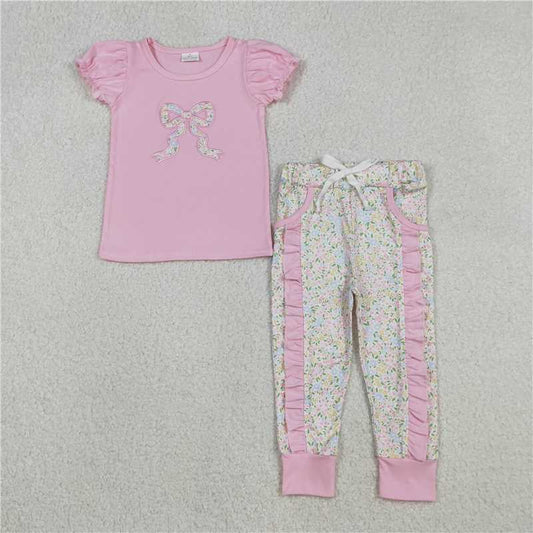 RTS GSPO2060 Floral Bows Baby Girls Outfit with Embroidery Shirt And Ruffle Leggings Set with Pockets for Infants And Toddlers