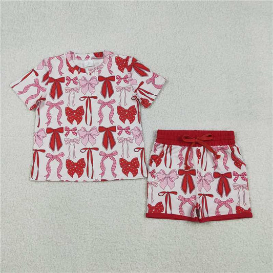 RTS GSSO2737 Valentine's Day Baby Girls Outfit Set with Heart Bows Top And Shorts Adorable Clothes Set with Pockets for Little Ones