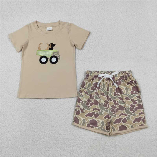 RTS BSSO1576 Baby Boys Summer Clothes Embroidery Deer Truck Baby Boys Khaki Top Camo Shorts Hunting Clothes Sets