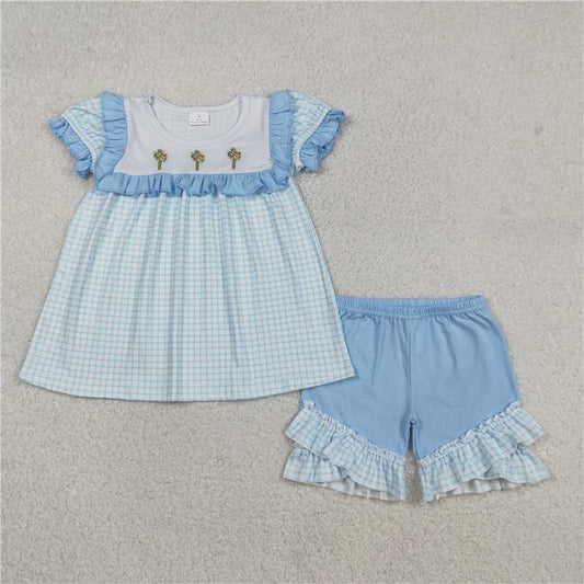RTS GSSO2718 Baby Girls Blue Checked Tunic And Ruffle Shorts Set Embroidered Crosses Easter Outfit for Little Girls
