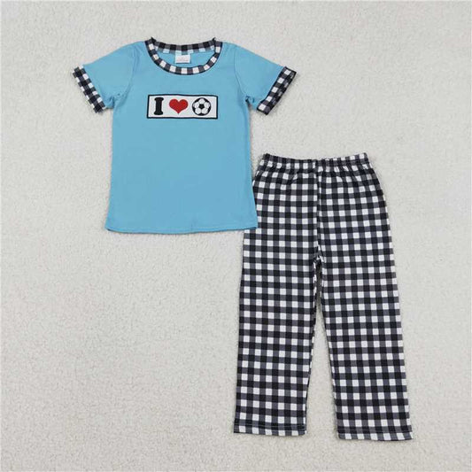 RTS BSPO0622 Kids Summer Top With Long Pants Embroidery I Love Footballs Baby Boys Checked Pants Team Clothes Sets