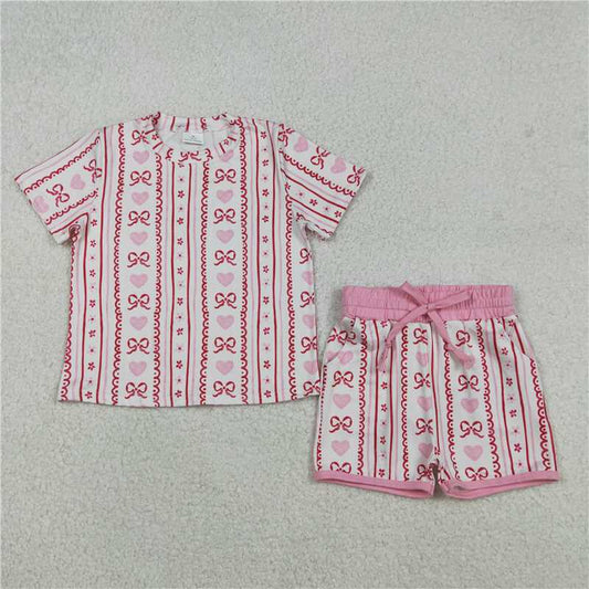 RTS GSSO2738 Baby Girls Pink Bows Hearts Stripe Top with Pockets Shorts Valentine's Day Outfit Set Cute Baby Girl Clothing Set