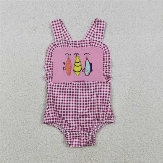 RTS SR3414 Baby Girls Pink Checked Ruffle Rompers Embroidery Fishing Strap Hunting Design Cute Baby Outfit for Girls