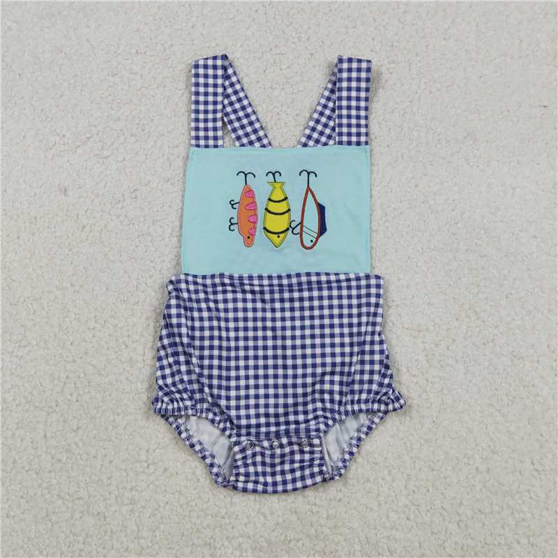RTS SR3413 Baby Boys Romper Embroidery Fishing Baby Boys Checked Strap Hunting Rompers
