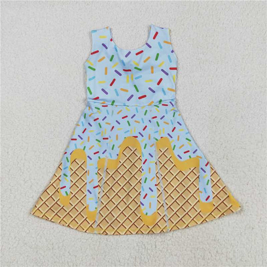 RTS  GSD2415 Baby Girls Blue Ice-Cream Drip Yoga Skort Knee-Length Dress