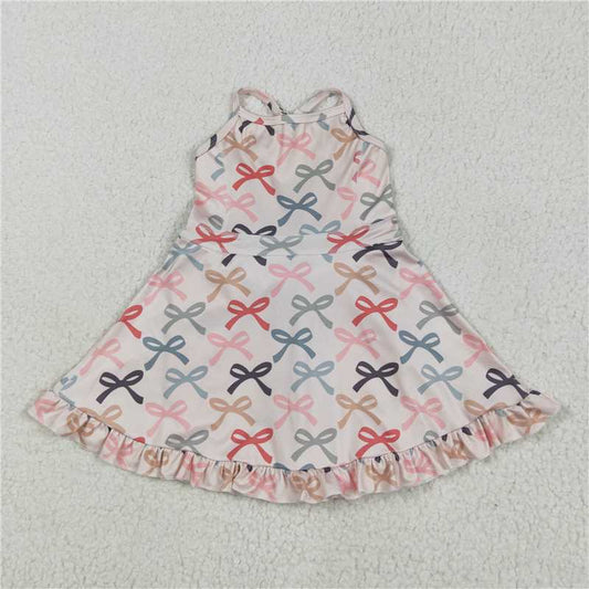 RTS  GSD2296 Baby Girls Peach Strap Dresses Colorful Bows Yoga Ruffle Knee Length Girls Outfits