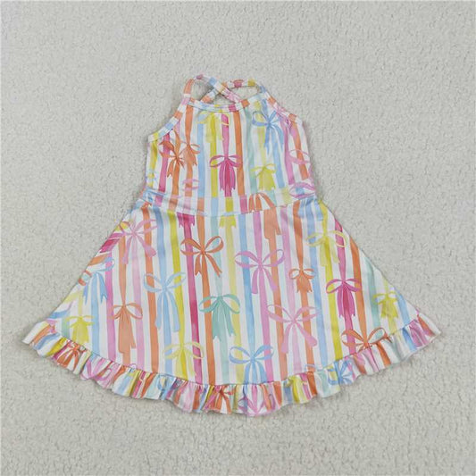 RTS  GSD2288 Baby Girls Knee-Length Ruffle Dress Colorful Bows Stripe Yoga Strap Dress for Little Girls