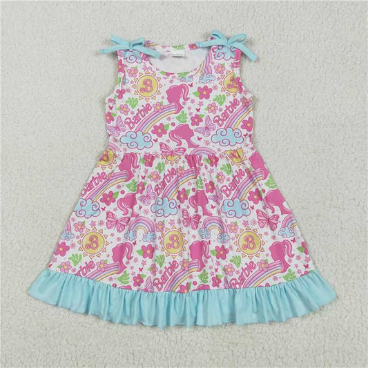 RTS GSD2463 Baby Girls Strap Knee Length Dresses Pink Flowers Cartoon Dolls Design Cute Children's Fashion Apparel