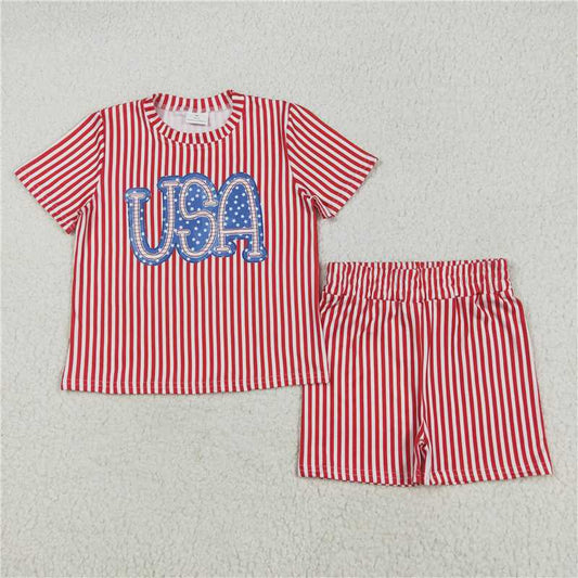 RTS GSSO2577 Baby Girls Red Stripe 4th of July Pajamas Sets USA Top Short Cute Baby Girl Sleepwear for July 4th