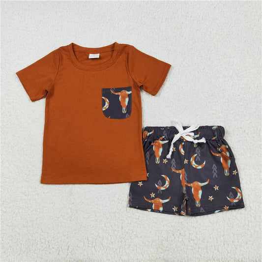 RTS BSSO0758 Baby Boys Brown Shirt Top Cow Stars Western Shorts Clothes Sets