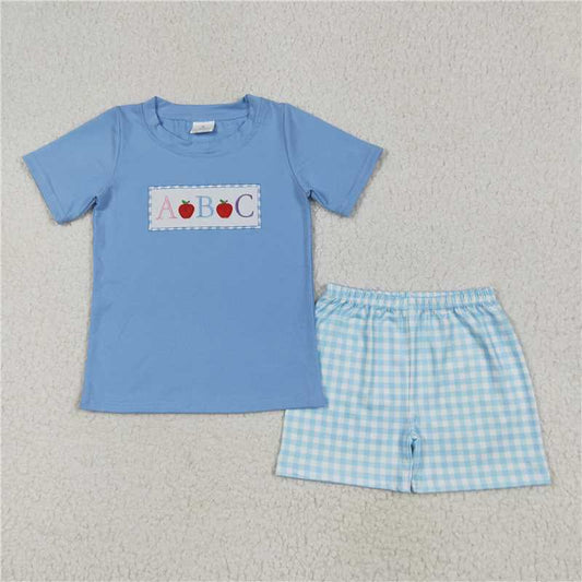 RTS BSSO1331 Baby Boys Summer Clothes Baby Boys Blue Embroidery Apple ABC Top Plaid Shorts Back To School Clothes Sets