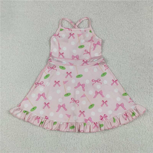 RTS GSD2568 Baby Girls Knee-Length Yoga Dress with Pink Bows Strap Golf Flags Activity Wear for Kids