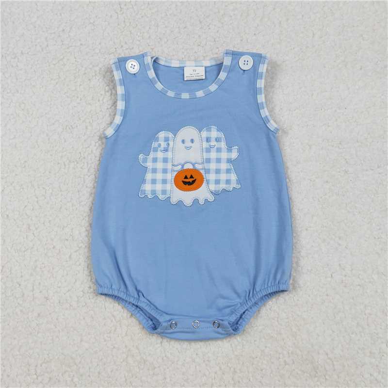 RTS SR3197 Baby Boys Romper Embroidery Baby Boys Blue Ghost Pumpkins Halloween Rompers