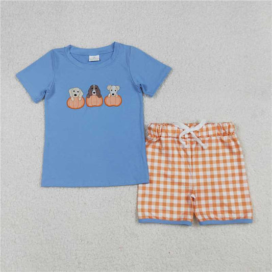 RTS BSSO1547 Baby Boys Summer Clothes Embroidery Dogs Pumpkins Baby Boys Top Shorts Fall Clothes Sets