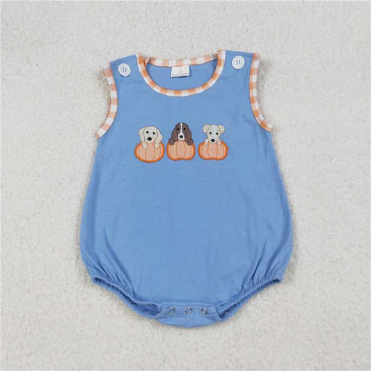 RTS SR3190 Baby Boys Romper Embroidery Dogs Pumpkins Baby Boys Blue Sleeveless Fall Rompers